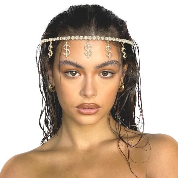 Accessories - Gold Headpiece Dollar Sign Head Chain Bling Money Dangle Rhinestone Head Jewelry
